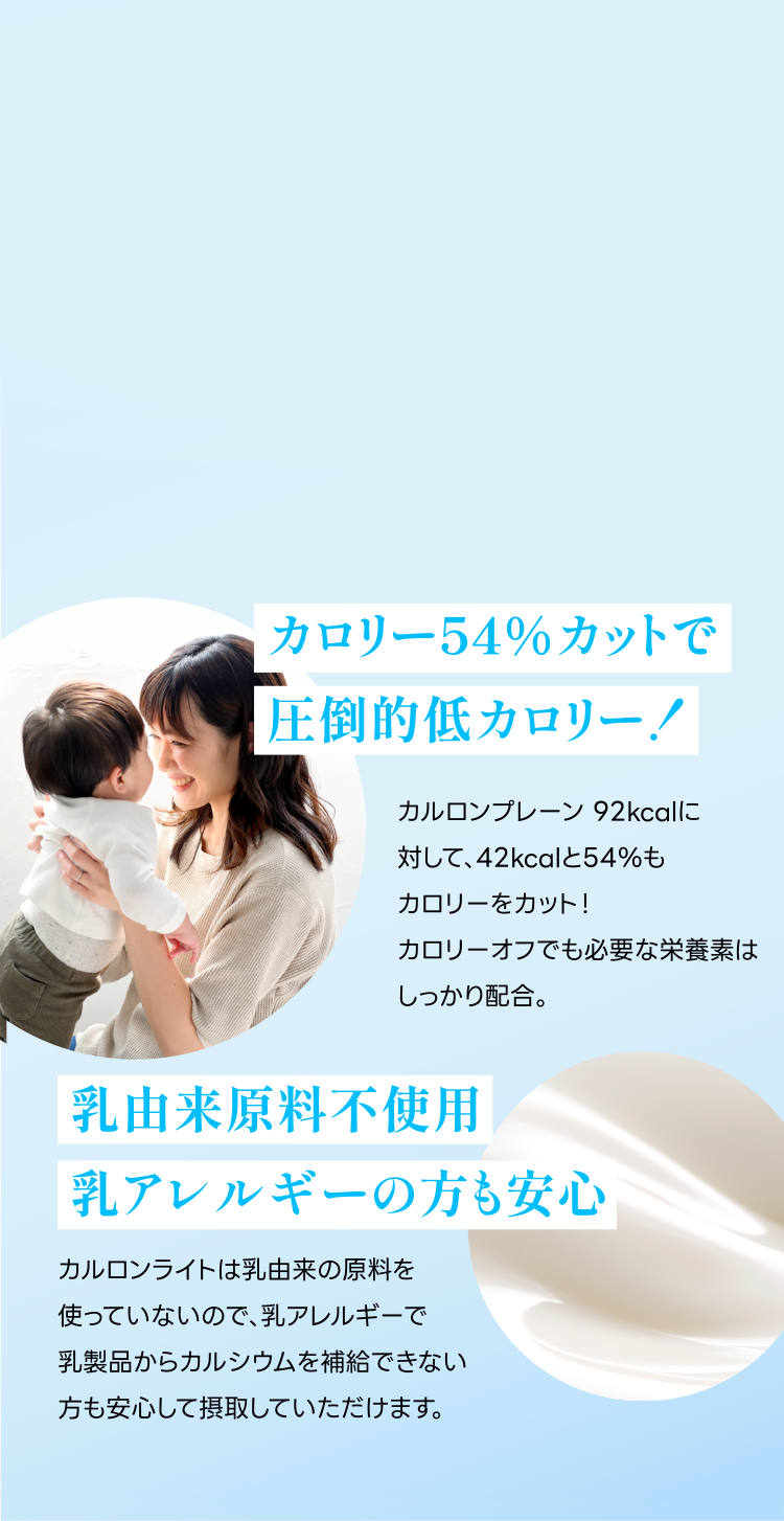 カロリー54%カットで圧倒的低カロリー 乳由来原料不使用で乳アレルギーの方も安心